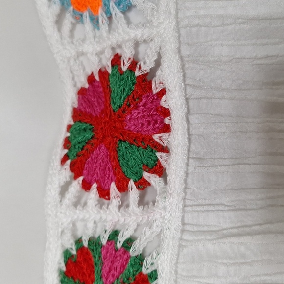 White Boho Multicolor Bohemian Hippie Crochet Square Neck Peasant Blouse Size L - Picture 5 of 13